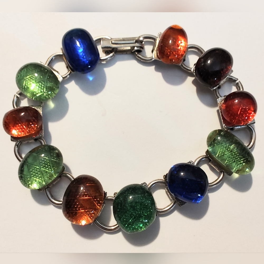 Vintage Bubble Glass Book Chain Bracelet Multicolor Retro Glass Colorful Estate